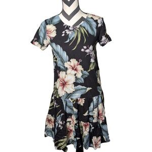Aloha Hut Hawaii Black Tropical Hibiscus Floral Ruffle Mini Dress Small Rayon